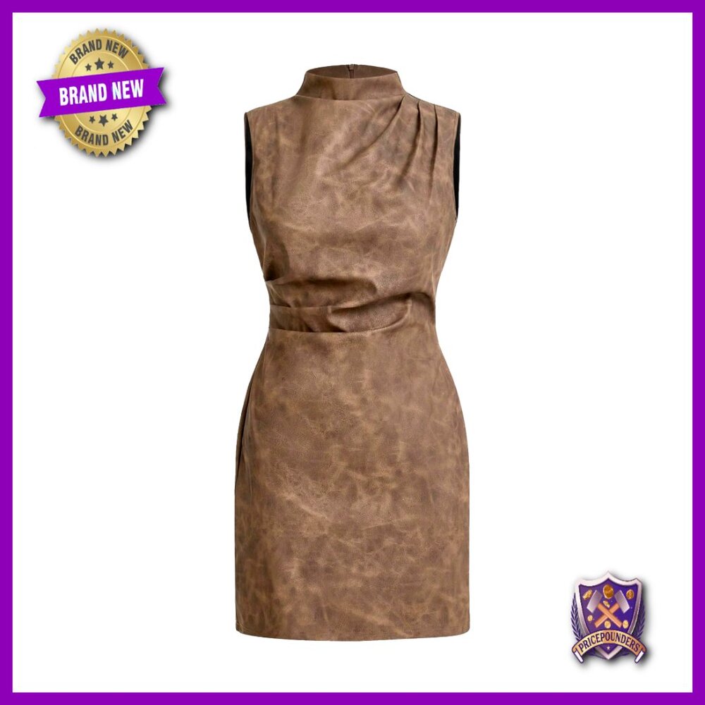 Pu Leather Ruched Bodycon Mini Dress Mock Neck Sleeveless Zipper Vintage